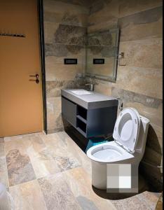 a bathroom with a toilet and a sink at Redhomex Cove Castle Villa in Hyderabad