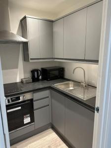 een kleine keuken met witte kasten en een wastafel bij Entire One Bedroom Rental Unit in Kent in Kent