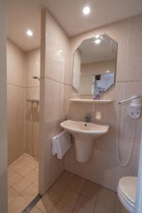 ein Bad mit einem Waschbecken und einer Dusche mit einem Spiegel in der Unterkunft Hotel Meyer in Bergen aan Zee