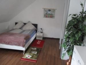 una camera da letto con un letto e un tavolo sul pavimento di Ferienwohnung Thüringer Wald a Ilmenau