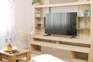 Kamena kuća في بوزيغا: غرفة معيشة مع تلفزيون في مركز ترفيهي خشبي