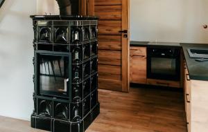 - un poêle noir dans une cuisine à côté d'un comptoir dans l'établissement Beautiful Home In Male Gacno With Kitchen, à Małe Gacno