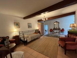 - un salon avec un lit et un miroir dans l'établissement L'Antico Palazzo - Mansion With Pool, à Toano
