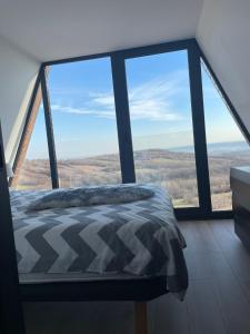 uma cama num quarto com uma grande janela em Wine Valley Villas em Lipovac