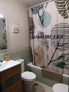 y baño con aseo y cortina de ducha. en Apartamento céntrico hogareño, en Málaga