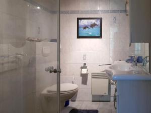 Un baño con ducha, inodoro y lavabo. en An der Brake, Bungalow, en Prerow