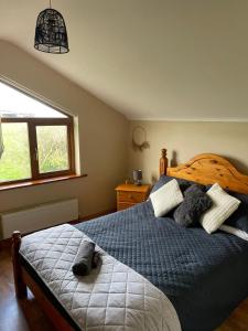 um quarto com uma cama com um edredão azul e uma janela em Apartment in milltown em Galway