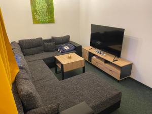 a living room with a couch and a flat screen tv at Apartmán - Dovolená Mladé Buky in Mladé Buky