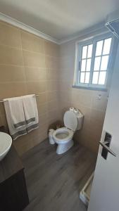 La salle de bains est pourvue de toilettes, d'un lavabo et d'une fenêtre. dans l'établissement Hortênsia's AL, à Praia da Vitória