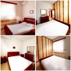 three pictures of a bedroom with two beds and a mirror at Tatjana`s Apartment in Sarandë