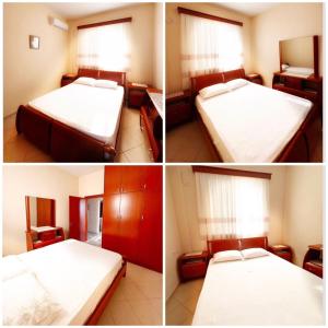 three different views of a bedroom with two beds at Tatjana`s Apartment in Sarandë
