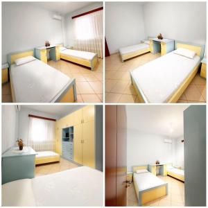 four pictures of a room with two beds and a bathroom at Tatjana`s Apartment in Sarandë
