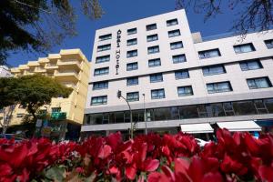 馬貝拉的住宿－Óbal Urban Hotel，前方有红花的建筑
