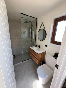 a bathroom with a shower and a toilet and a sink at Petite Perfection tiny house at Lake Hawea in Lake Hawea