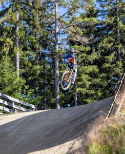 a person jumping a dirt bike in the air at Bei Weibels Schi&Bike Appartements-Bike in&Bike out neben Wexl Trails Bikepark in Sankt Corona am Wechsel