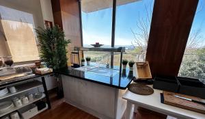 a kitchen with a counter with a large window at Hotel Saylu in Granada