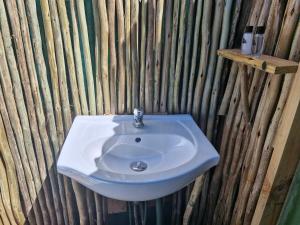 a bathroom with a white sink and a wooden wall at Harmony Luxury Tents & Safari in Addo