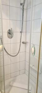 ein Bad mit einer Dusche und einem WC in der Unterkunft Ferienwohnung Vintage in Sankt Martin