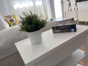 a white table with two books and a plant on it at Jardines del Porvenir 2 in Puerto Real