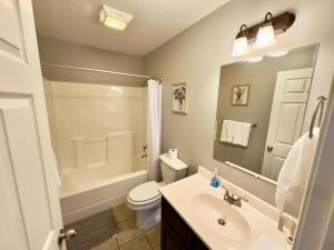 ein Bad mit einem Waschbecken, einem WC und einer Dusche in der Unterkunft Homey Townhouse Near Lake & Sports Complex in Guntersville