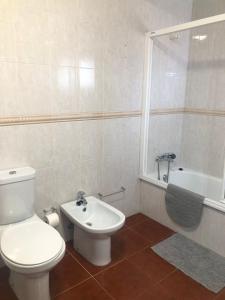 a bathroom with a toilet and a sink and a tub at Casa das Borboletas in Évora