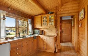 a kitchen with wooden cabinets and a sink in a cabin at 3 Bedroom Nice Home In Samsø in Tanderup