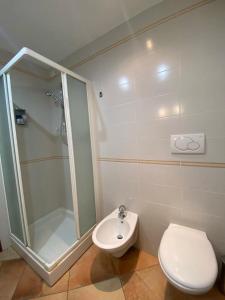 a bathroom with a shower and a toilet and a sink at The Little Eagle - Apartment with Terrace in Argegno