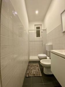 La salle de bains blanche est pourvue de toilettes et d'un lavabo. dans l'établissement Pretty apartment next to Chianti and Florence, à Tavarnuzze