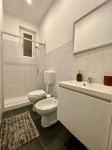 La salle de bains blanche est pourvue de toilettes et d'un lavabo. dans l'établissement Pretty apartment next to Chianti and Florence, à Tavarnuzze