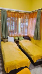 dwa łóżka w pokoju z oknami w obiekcie FIÓNA KUNYHÓJA APARTMANHÁZ w mieście Orosháza