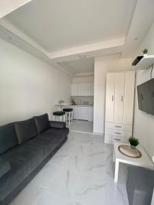 a living room with a black couch and a kitchen at Vini Apartments in Zagrađe