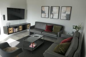 a living room with a couch and a tv at SchönHier in Westerburg