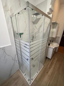 a glass shower in a bathroom with a sink at Apartment De Rosa in Pero