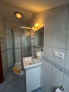 ein Bad mit einem Waschbecken, einer Dusche und einem WC in der Unterkunft Harmónia Ostratice in Malé Ostratice