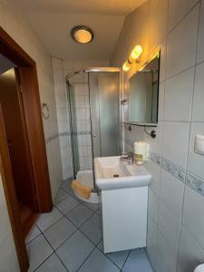 a bathroom with a sink and a shower and a toilet at Harmónia Ostratice in Malé Ostratice