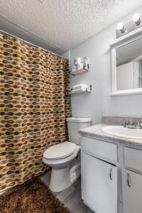 a bathroom with a toilet and a stone shower curtain at Cozy North Dallas One Bedroom Stay in Dallas