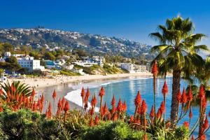 una playa con palmeras y una playa con gente en 100 NEW STUNNING HUGE HOME, GARDEN BEACH, RESERVED PARKING en Laguna Beach