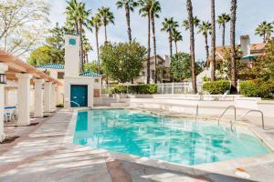une piscine bordée de palmiers et un bâtiment dans l'établissement Glamorous Regal Design Home with Private Patio and Garage, à Laguna Hills
