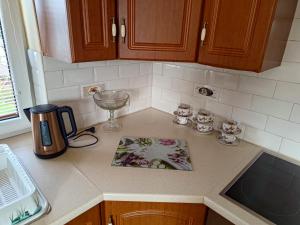 a kitchen counter with a coffee maker and cups on it at Apartament Tujka Żywiec in Żywiec