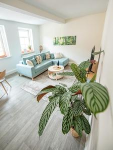 a living room with a blue couch and a plant at Voll ausgestattetes, neues Rennsteig Apartment Ruhla in Ruhla
