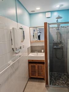 a bathroom with a sink and a shower at Appartement F2 avec terrasse de 35 m2 Bomorto - Porticcio in Porticcio