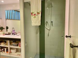 a bathroom with a shower and a sink at Estúdio no Rio de Janeiro in Rio de Janeiro