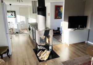 a living room with a wood stove in the middle at Nice cottage located by the lake Nommen in Björköby