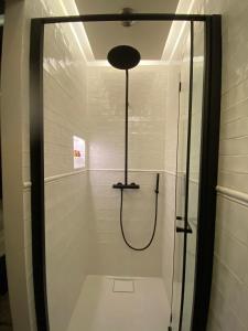 a shower with a glass door in a bathroom at Roxy's Fishmarket in Leuven