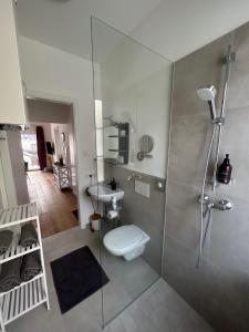 ein Badezimmer mit Dusche, Toilette und Waschbecken in der Unterkunft CityLake G23 Apartments mit kostenlosem Parkgaragen-Stellplatz !! in Gmunden + 37 Fotos