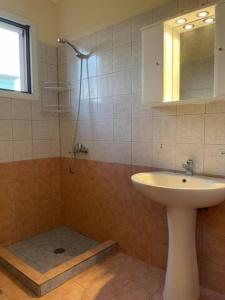 W łazience znajduje się umywalka oraz prysznic z lustrem. w obiekcie Spacious Quiet Apartment for Relaxed Holidays (1) w mieście Stíra