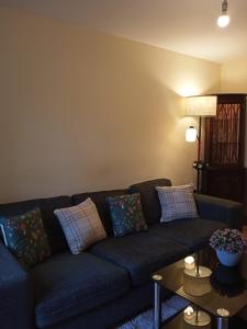 a living room with a blue couch with pillows at Highly Comfortable Home in Hatfield