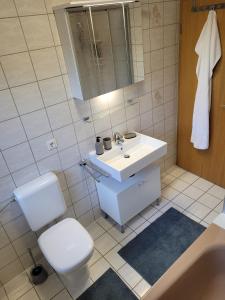 een badkamer met een wit toilet en een wastafel bij Fewo - klein aber fein, 1-3 Personen, Souterrain in Rödental