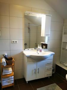 bagno con lavandino bianco e specchio di Ferienwohnung am Waldpfad a Kaiserslautern