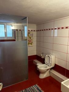 a bathroom with a toilet and a shower stall at Villa AlMar in Sarandë +37 photos